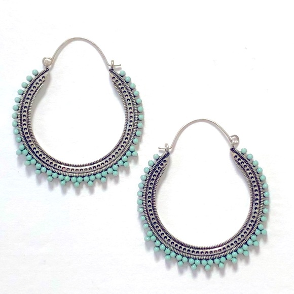 Large Silver Beaded Turquoise Hoops - Picture 5 of 5